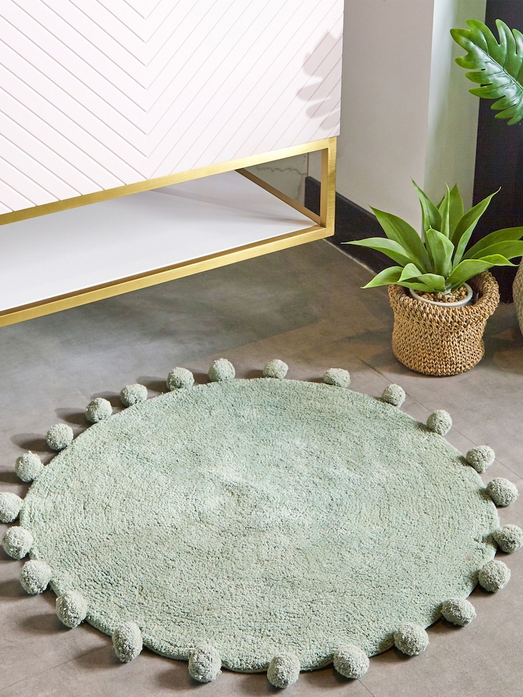 furn. Sage Green Circle Pom Pom Cotton 100% Cotton Bath Mat - Image 1 of 2