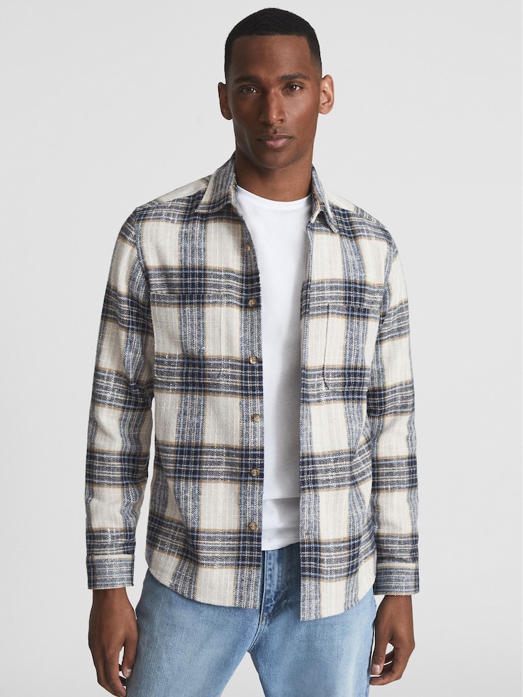 Reiss Blue/Ecru Method Large Check Twill Overshirt - Image 6 of 6