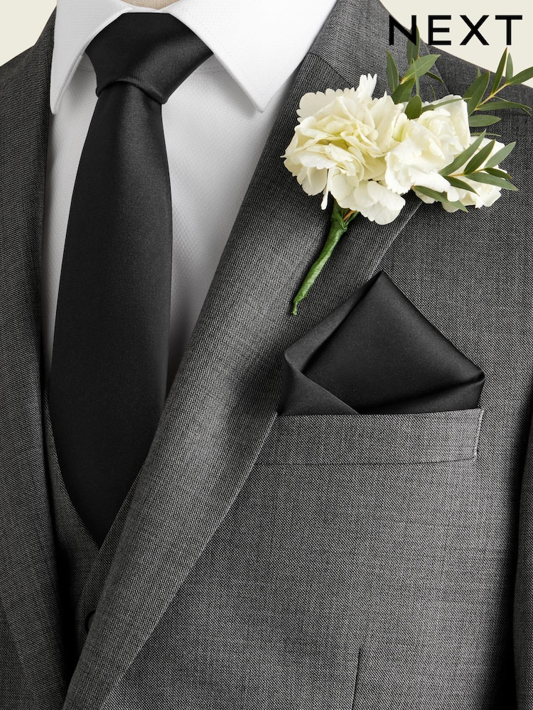 Black/White Slim Silk Tie And Pocket Square Set - Image 1 of 1