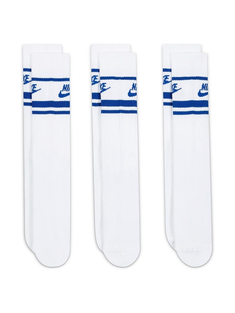 Nike White/Blue Sportswear Everyday Essential White Crew Socks 3 Pack - Image 2 of 4 Nike White/Blue Sportswear Everyday Essential White Crew Socks 3 Pack - Image 2 of 4