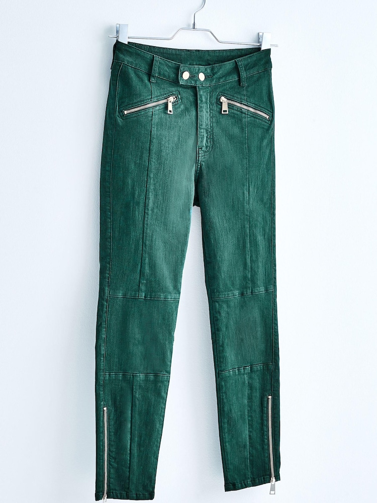 Green Sateen High Waist Biker Skinny Jeans - Image 3 of 9
