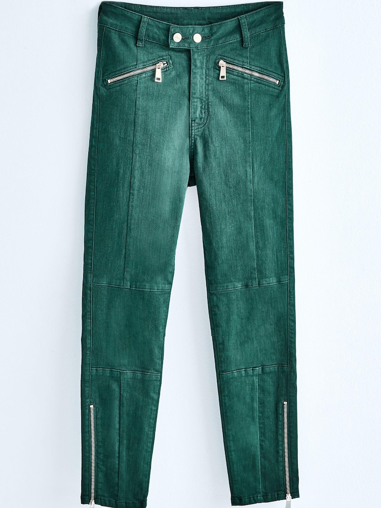 Green Sateen High Waist Biker Skinny Jeans - Image 5 of 9