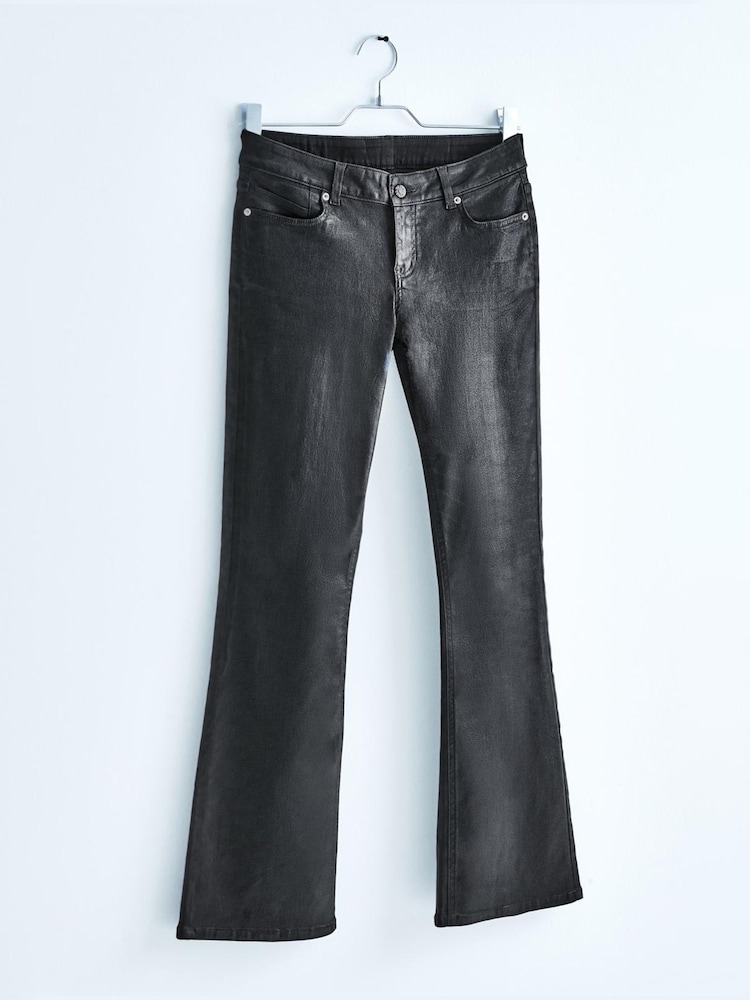Black Foil Low Rise Stretch Flare Jeans With Back Split Hem - Image 1 of 7