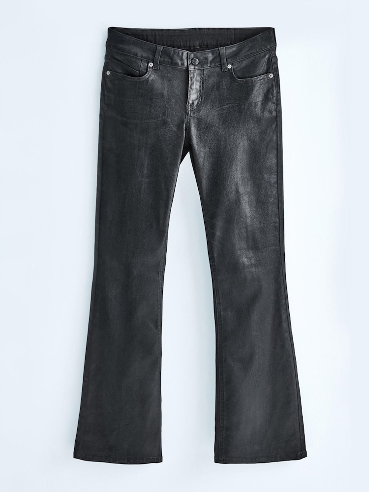 Black Foil Low Rise Stretch Flare Jeans With Back Split Hem - Image 2 of 7