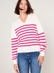 M&Co Cream Knitted Stripe Rugby Collar Jumper - Image 1 of 2