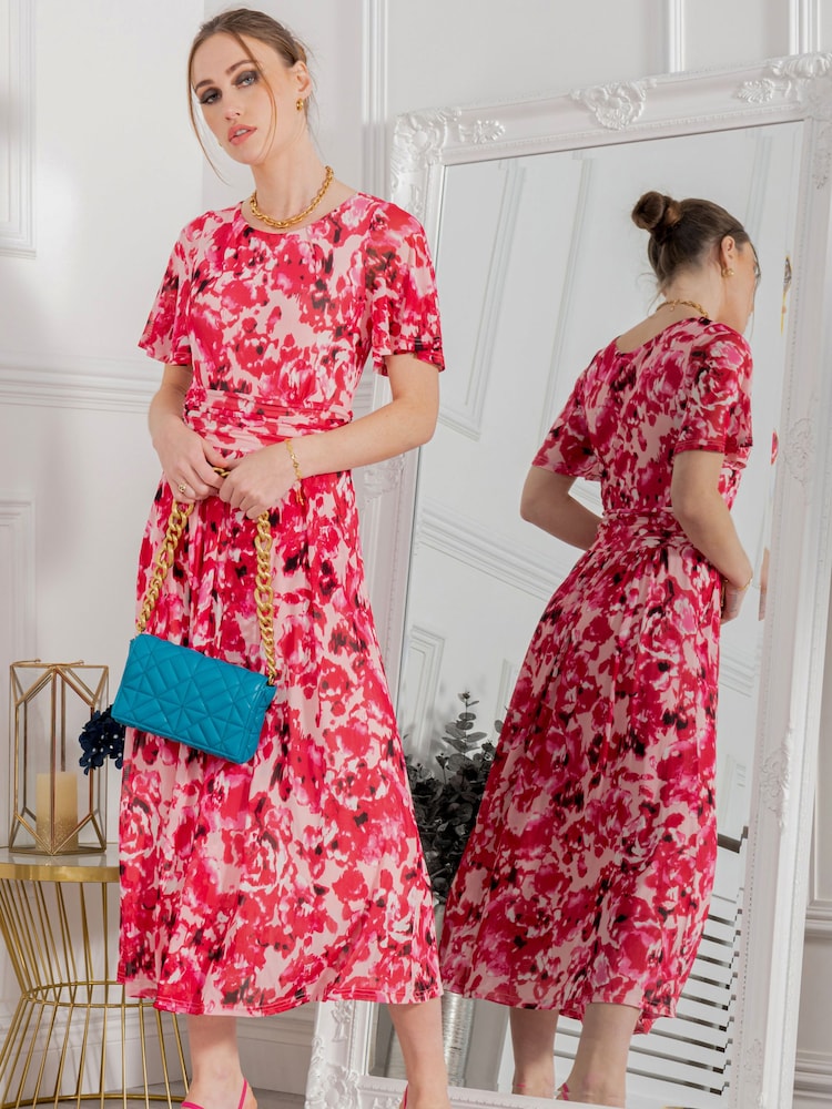 Jolie Moi Pink Gianna Print Mesh Maxi Dress - Image 1 of 6