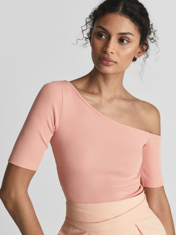 Reiss Pink Olive Off Shoulder Asymmetric Top - Image 6 of 6