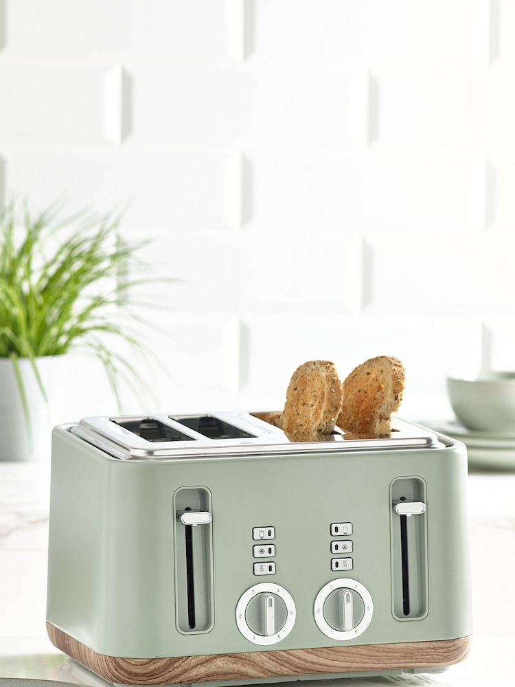 Sage Green Bronx Wood Effect 4 Slice Toaster - Image 1 of 6