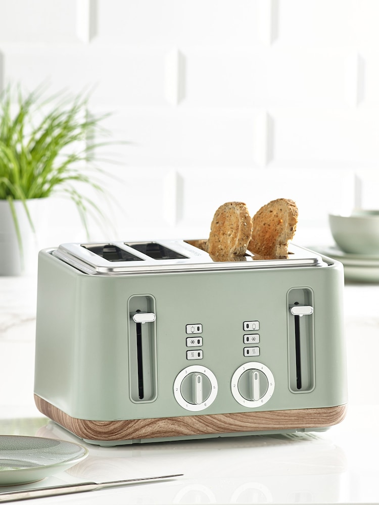 Sage Green Bronx Wood Effect 4 Slice Toaster - Image 1 of 6 Sage Green Bronx Wood Effect 4 Slice Toaster - Image 1 of 6