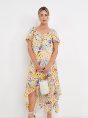 Simply Be Yellow Ruched Front Digi Printed Sunflower Midi Dress - Image 3 of 4