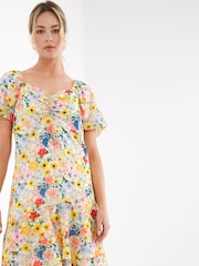 Simply Be Yellow Ruched Front Digi Printed Sunflower Midi Dress - Image 4 of 4