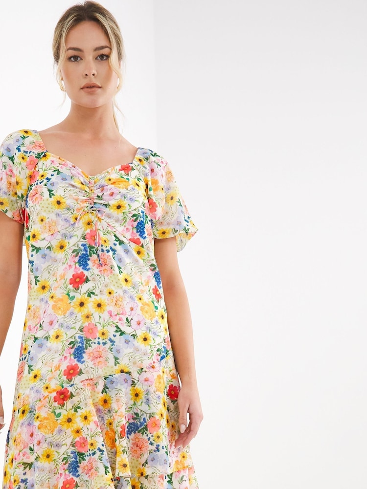 Simply Be Yellow Ruched Front Digi Printed Sunflower Midi Dress - Image 4 of 4