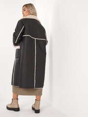 Simply Be Black Longline Shearling Aviator Style Coat - Image 2 of 4