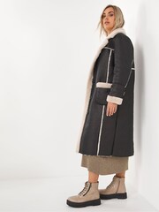 Simply Be Black Longline Shearling Aviator Style Coat - Image 4 of 4
