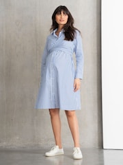Seraphine Blue Stripe Cotton And Lyocell Maternity And Nursing Shirt Dress - Image 1 of 6
