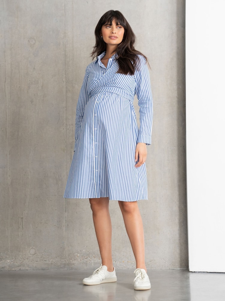 Seraphine Blue Stripe Cotton And Lyocell Maternity And Nursing Shirt Dress - Image 1 of 6