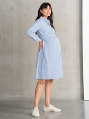 Seraphine Blue Stripe Cotton And Lyocell Maternity And Nursing Shirt Dress - Image 2 of 6
