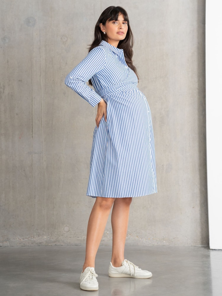 Seraphine Blue Stripe Cotton And Lyocell Maternity And Nursing Shirt Dress - Image 2 of 6