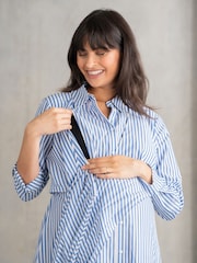 Seraphine Blue Stripe Cotton And Lyocell Maternity And Nursing Shirt Dress - Image 4 of 6