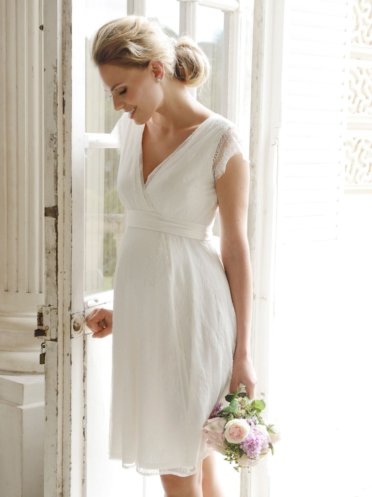 Seraphine White Short Lace V-Neck Maternity Wedding Dress - Image 1 of 6