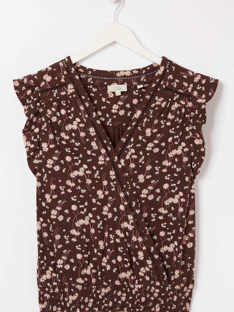 FatFace Billie Brown Floating Daisy Wrap Top - Image 5 of 5
