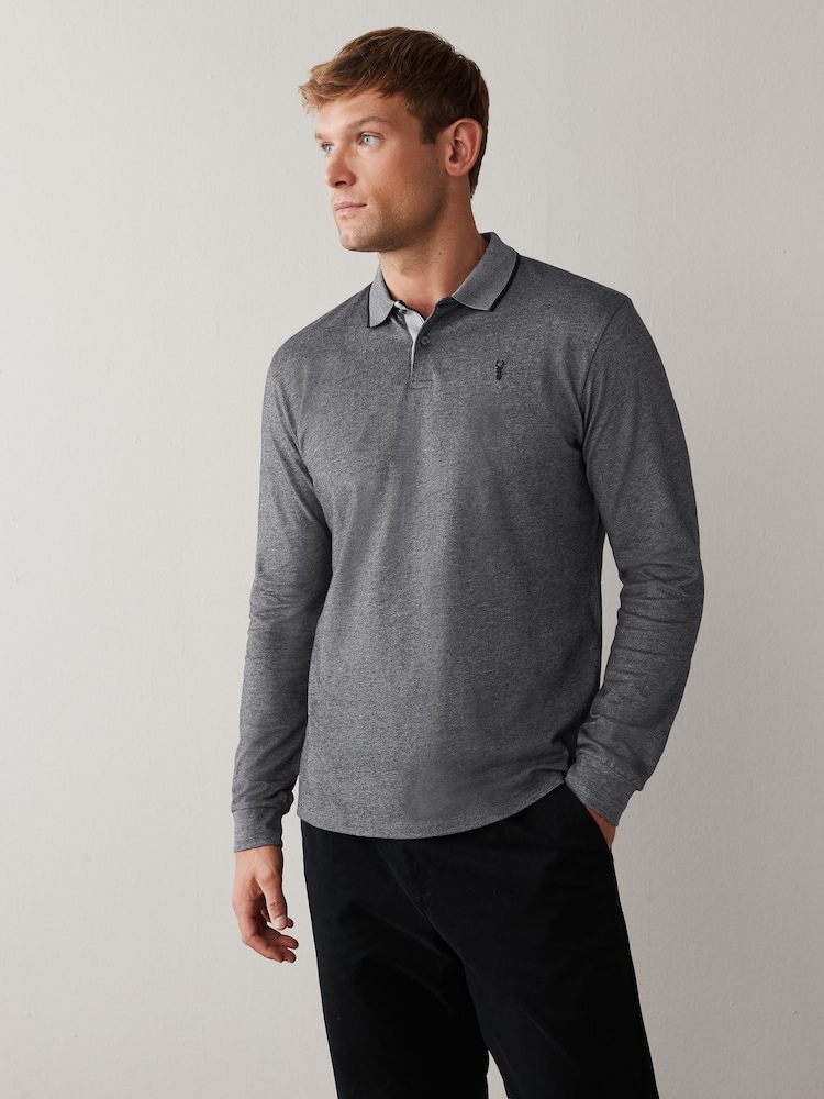 Charcoal Grey Oxford Long Sleeve Pique Polo Shirt - Image 1 of 5