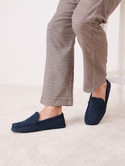 Navy Blue Check Lined Moccasin Slippers - Image 1 of 7