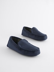 Navy Blue Check Lined Moccasin Slippers - Image 2 of 7