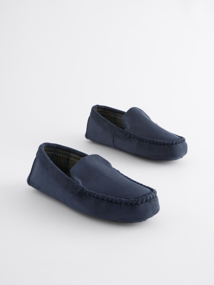 Navy Blue Check Lined Moccasin Slippers - Image 2 of 7