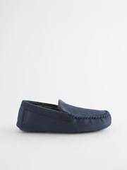 Navy Blue Check Lined Moccasin Slippers - Image 3 of 7