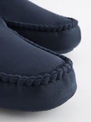 Navy Blue Check Lined Moccasin Slippers - Image 4 of 7
