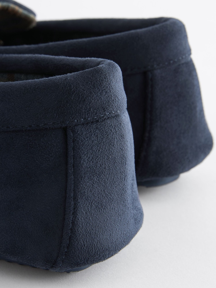 Navy Blue Check Lined Moccasin Slippers - Image 7 of 7