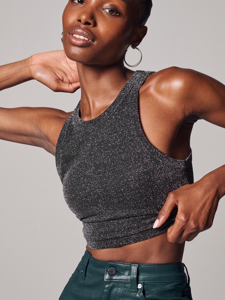Black Metallic Ribbed Cropped Racer Tank - Image 1 of 11