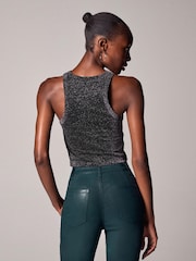 Black Metallic Ribbed Cropped Racer Tank - Image 2 of 11