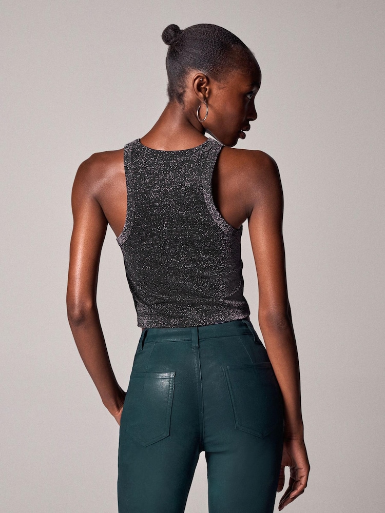Black Metallic Ribbed Cropped Racer Tank - Image 2 of 11