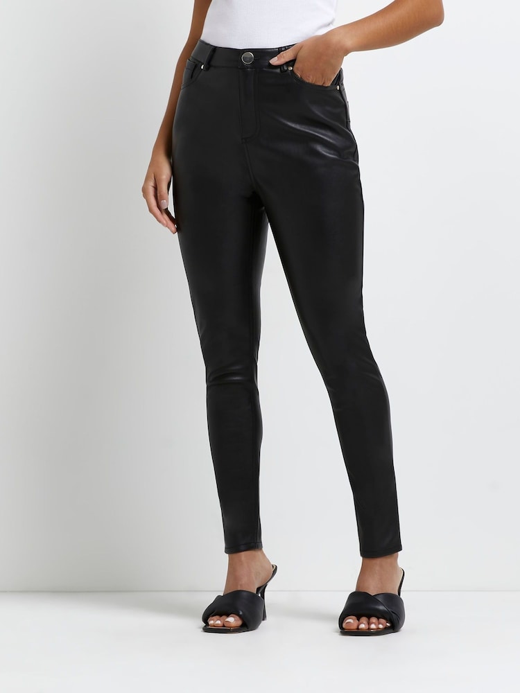 River Island Black Petite Faux Leather Bum Sculpt Trousers - Image 1 of 5
