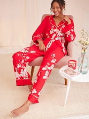 Bath & Body Works Red Japanese Cherry Blossom Floral Button Through Pyjama Set - Image 1 of 7