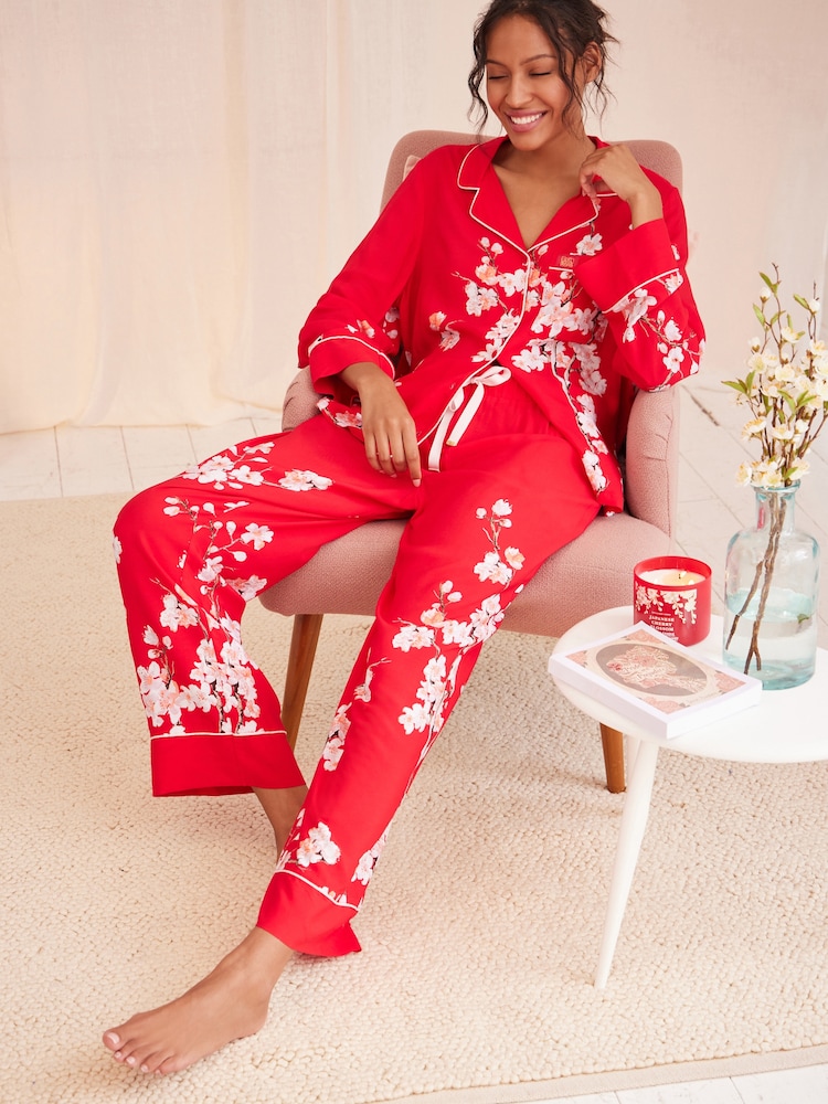 Bath & Body Works Red Japanese Cherry Blossom Floral Button Through Pyjama Set - Image 1 of 7