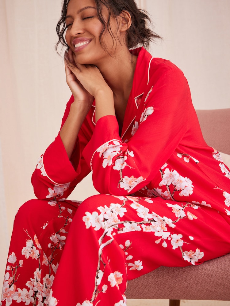 Bath & Body Works Red Japanese Cherry Blossom Floral Button Through Pyjama Set - Image 3 of 7