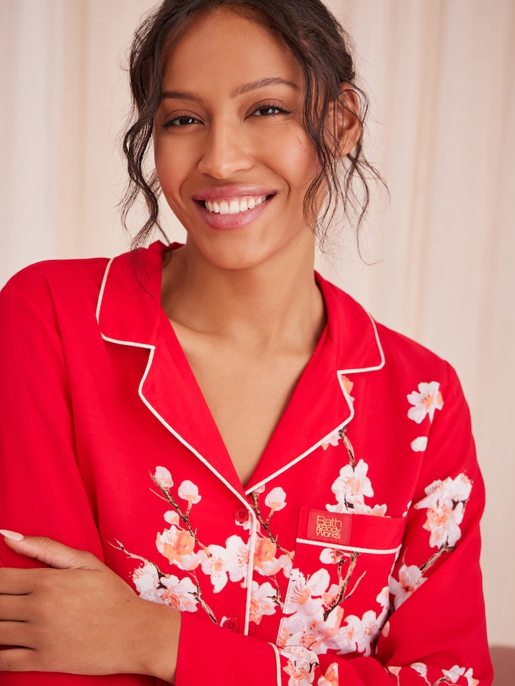 Bath & Body Works Red Japanese Cherry Blossom Floral Button Through Pyjama Set - Image 4 of 7