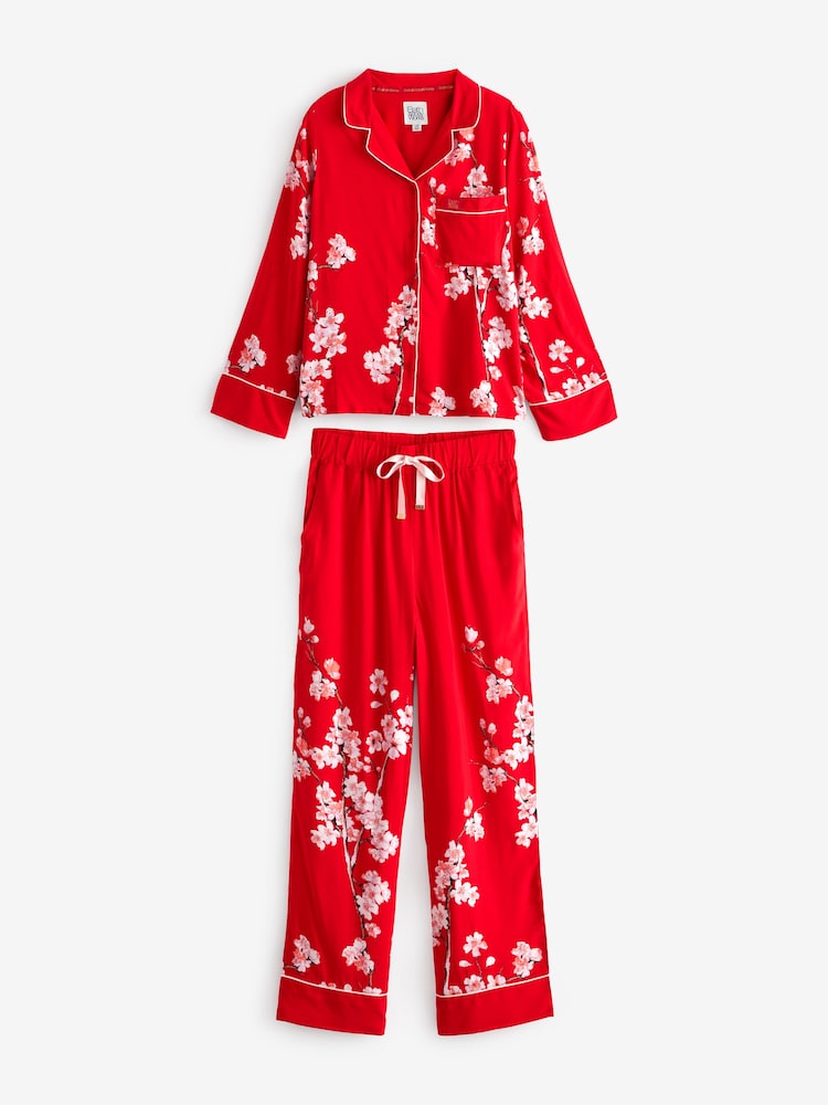 Bath & Body Works Red Japanese Cherry Blossom Floral Button Through Pyjama Set - Image 5 of 7