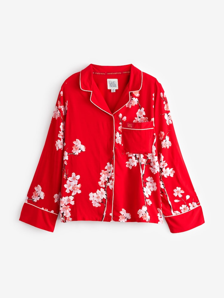 Bath & Body Works Red Japanese Cherry Blossom Floral Button Through Pyjama Set - Image 6 of 7