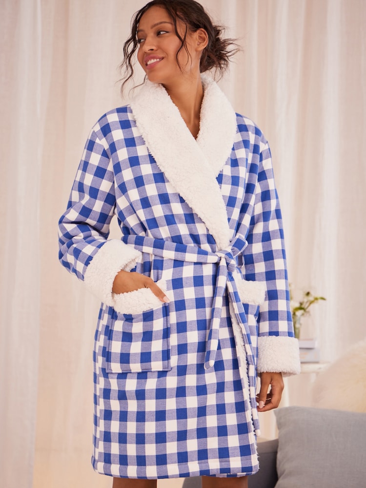 Bath & Body Works Blue Gingham Viscose Cosy Dressing Gown - Image 1 of 7