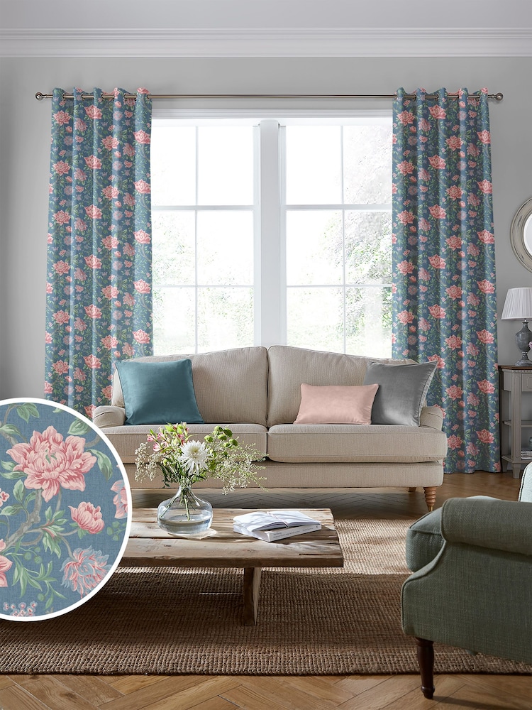 Laura Ashley Blue Tapestry Floral Fabric By The Metre - Image 1 of 2