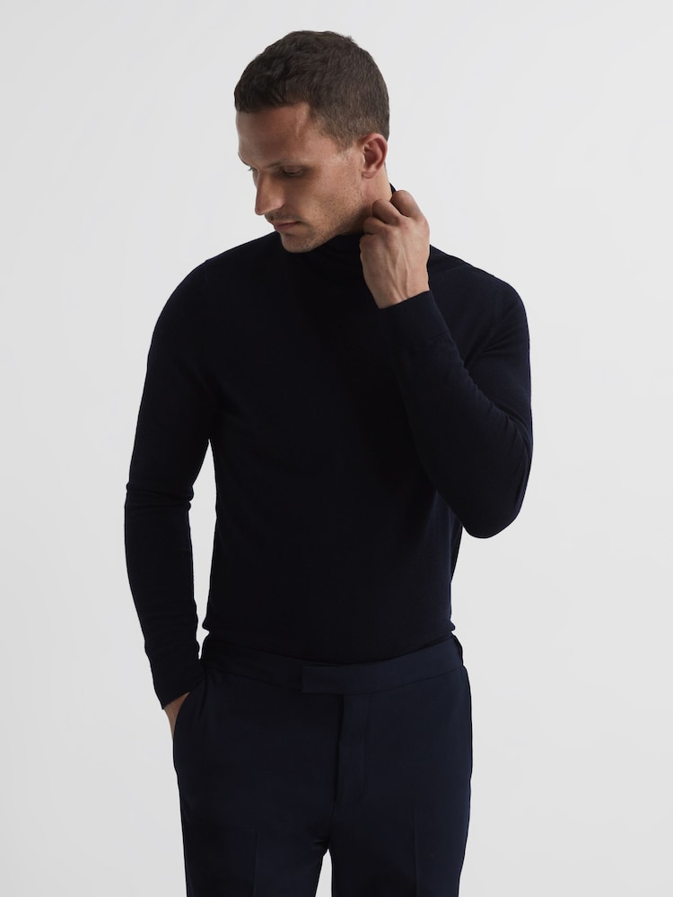 Reiss Navy Caine Slim Fit Merino Wool Roll Neck Jumper - Image 1 of 7