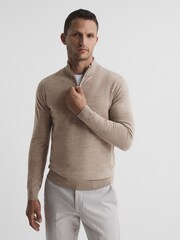Reiss Wheat Melange Blackhall Merino Wool Zip Neck Jumper - Image 1 of 6