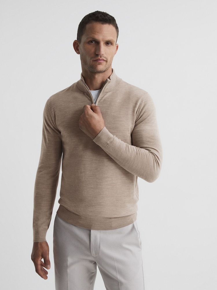 Reiss Wheat Melange Blackhall Merino Wool Zip Neck Jumper - Image 1 of 6