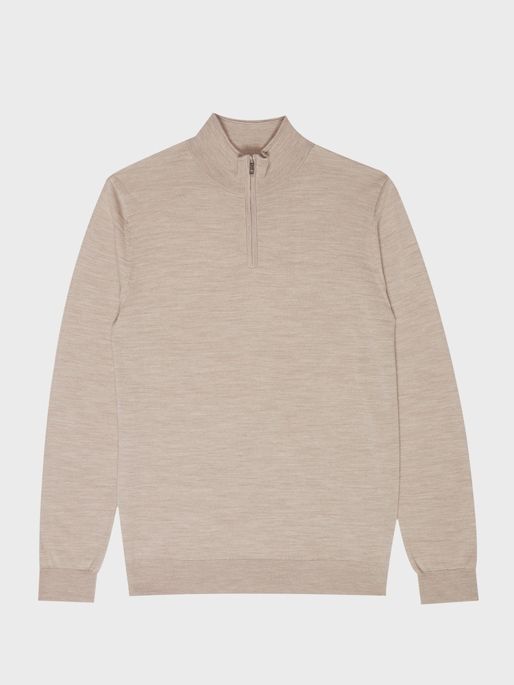 Reiss Wheat Melange Blackhall Merino Wool Zip Neck Jumper - Image 2 of 6