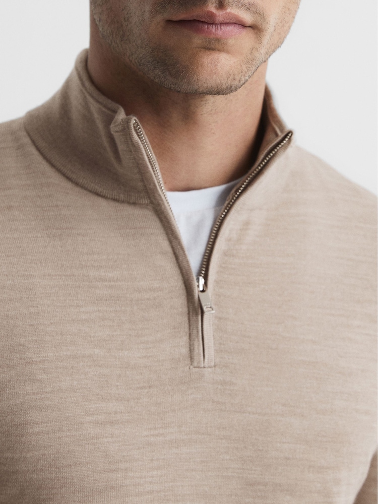 Reiss Wheat Melange Blackhall Merino Wool Zip Neck Jumper - Image 6 of 6