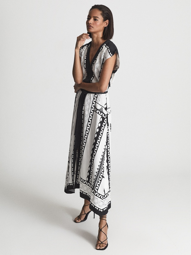 Reiss Black/White Hayley Mono Printed Midi Dress - Image 1 of 6